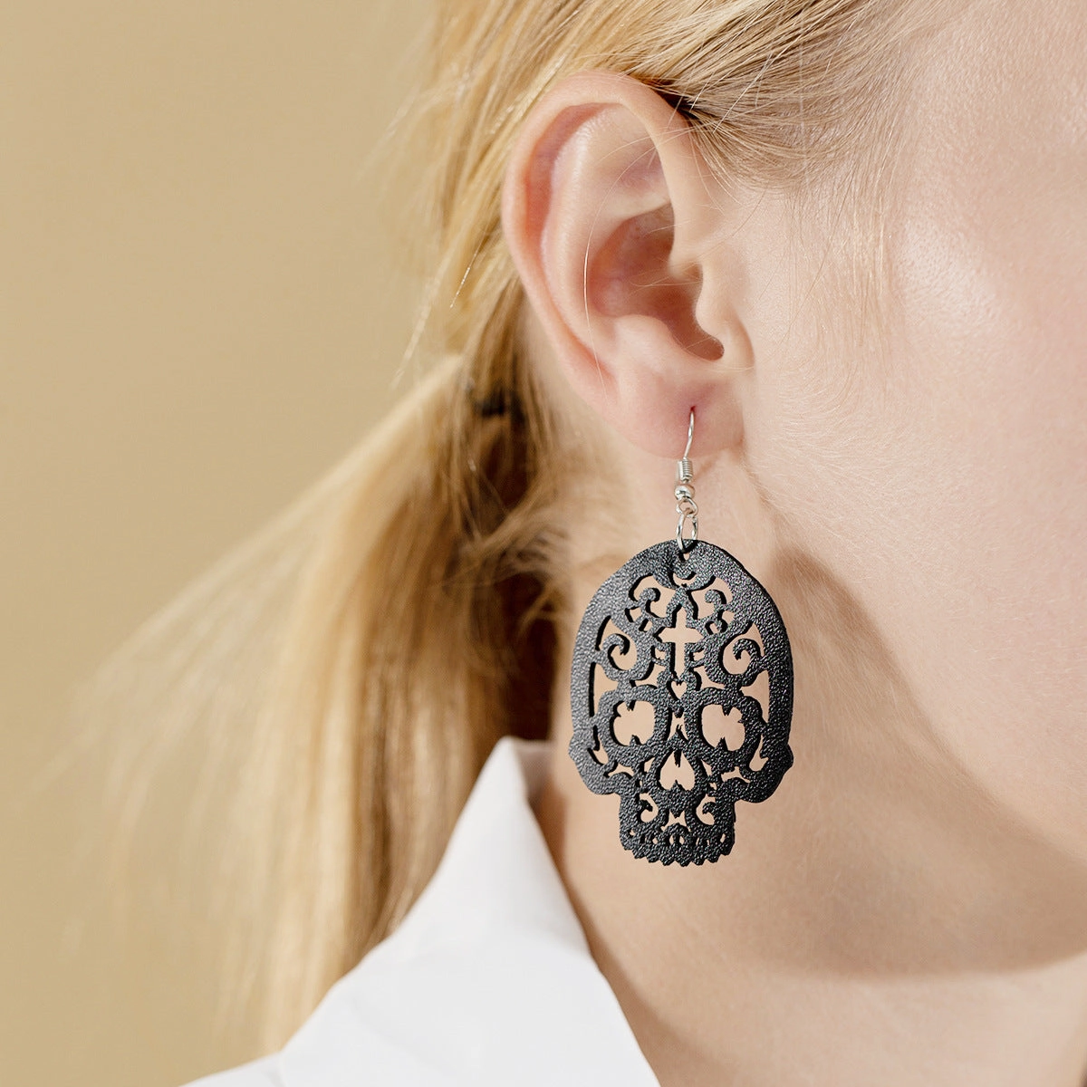 Wholesale Black Cat Skull Bat Leather Earrings