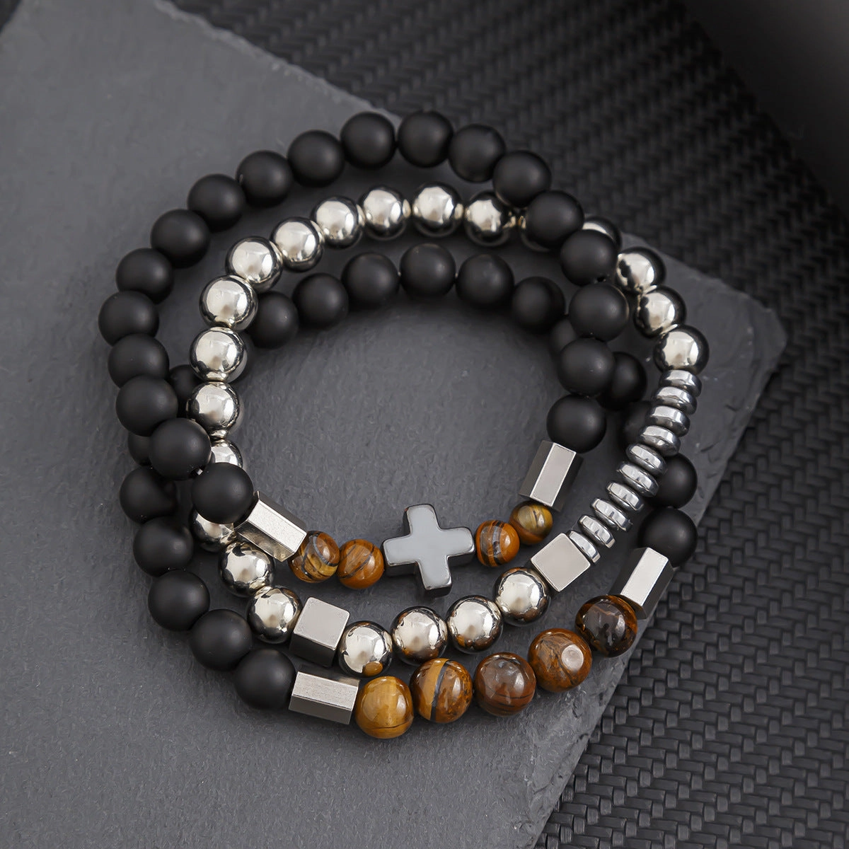 Wholesale Black gallstone broken silver tiger eye stone vintage beaded bracelet