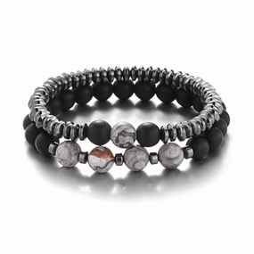 Wholesale Black Gallstone Frosted Stone Combination Beads Set of Two Men's Bracelet