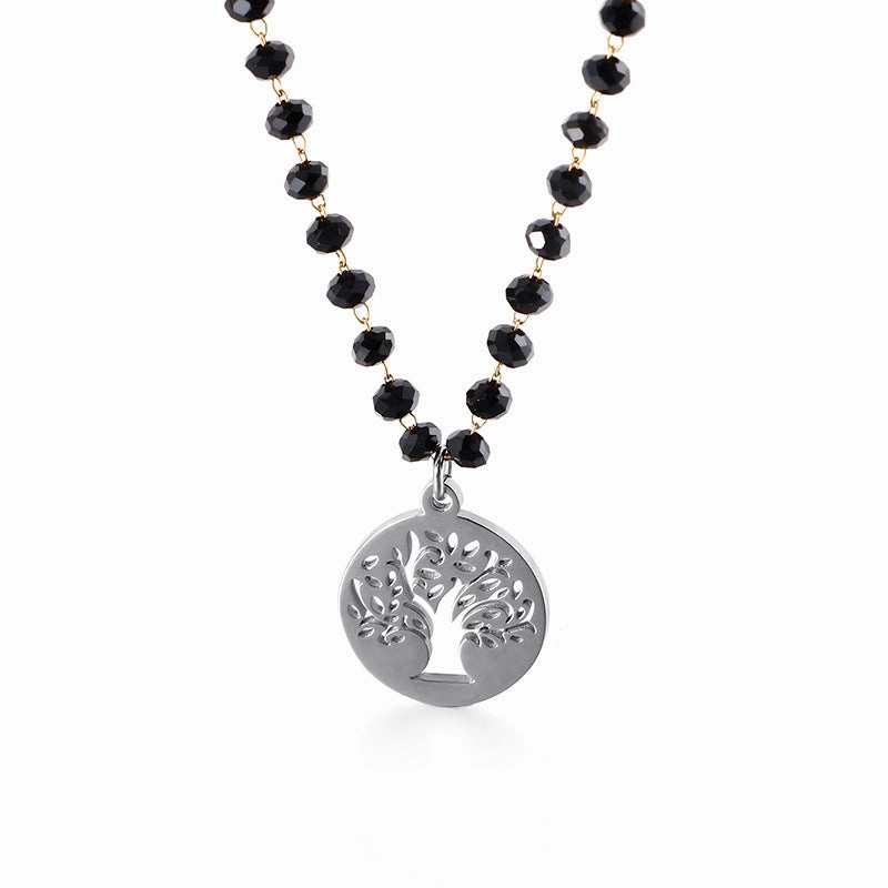 Wholesale Black Glass Beads Tree Of Life Titanium Steel Necklaces