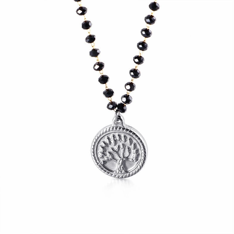 Wholesale Black Glass Beads Tree Of Life Titanium Steel Necklaces