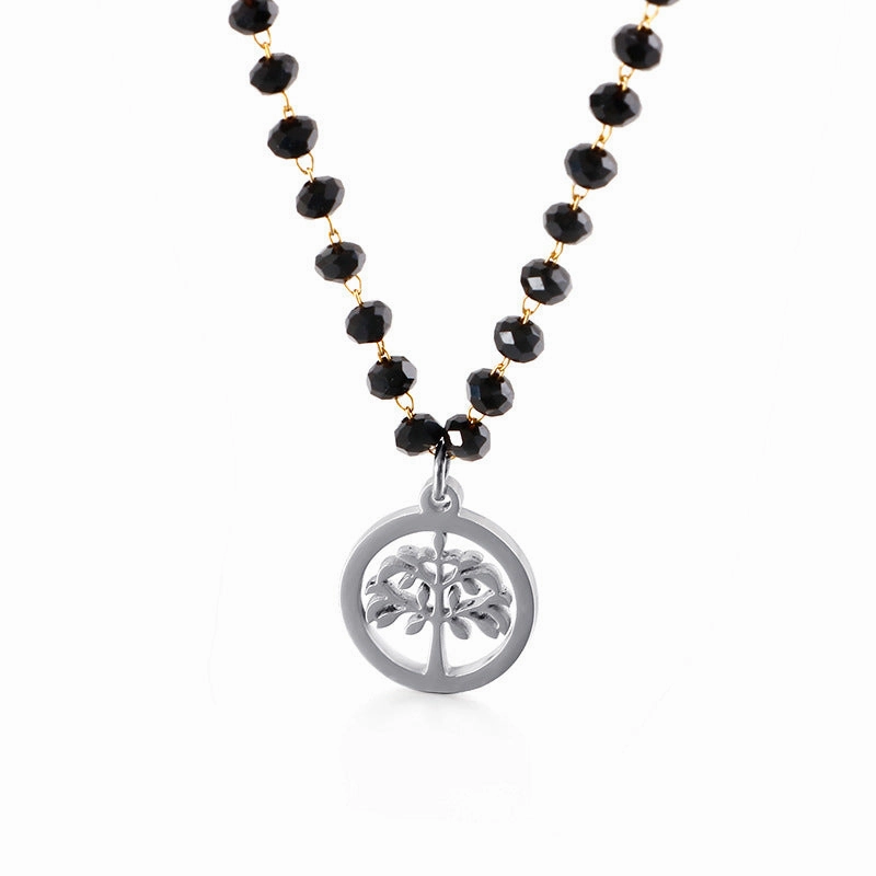 Wholesale Black Glass Beads Tree Of Life Titanium Steel Necklaces
