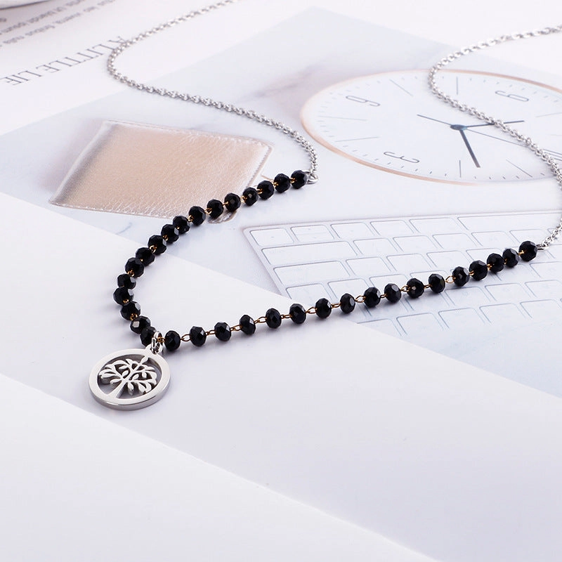Wholesale Black Glass Beads Tree Of Life Titanium Steel Necklaces