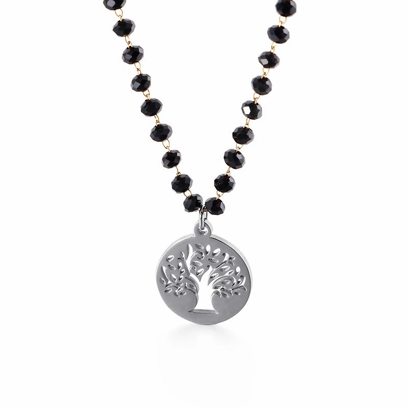 Wholesale Black Glass Beads Tree Of Life Titanium Steel Necklaces