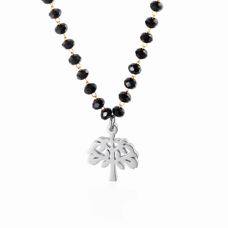 Wholesale Black Glass Beads Tree Of Life Titanium Steel Necklaces