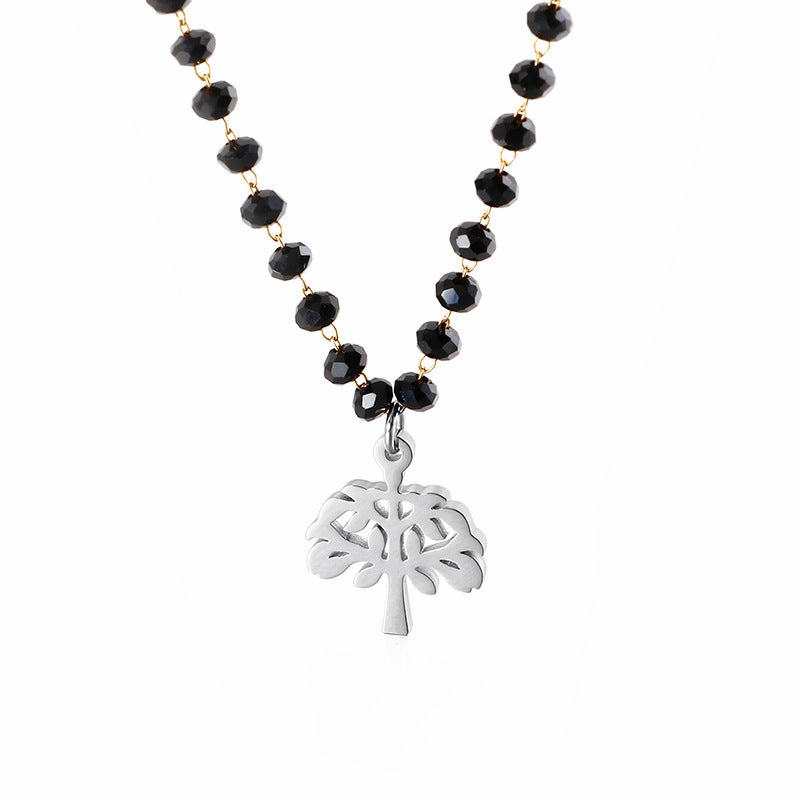 Wholesale Black Glass Beads Tree Of Life Titanium Steel Necklaces