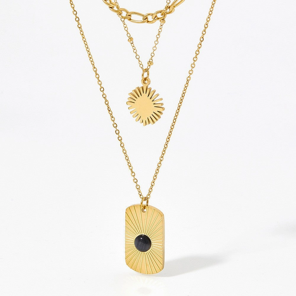 Wholesale Black Onyx Square Plaque Radiant Texture Stainless Steel Gold Plated Necklace