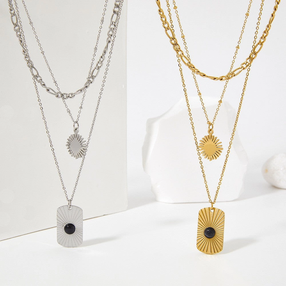 Wholesale Black Onyx Square Plaque Radiant Texture Stainless Steel Gold Plated Necklace