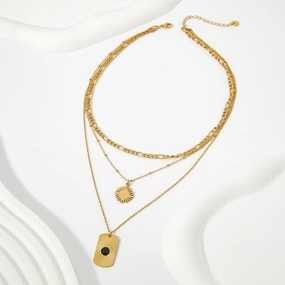 Wholesale Black Onyx Square Plaque Radiant Texture Stainless Steel Gold Plated Necklace