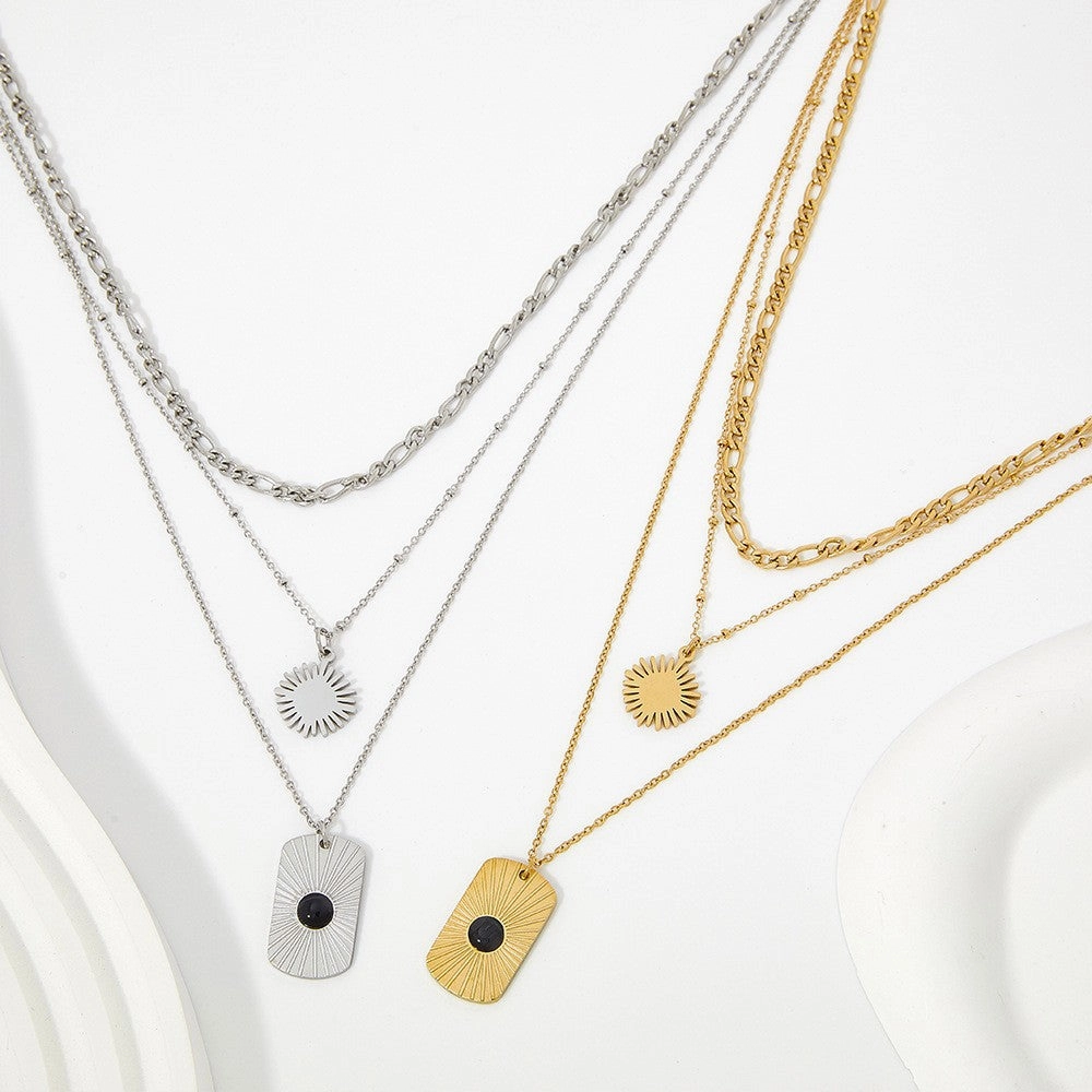 Wholesale Black Onyx Square Plaque Radiant Texture Stainless Steel Gold Plated Necklace