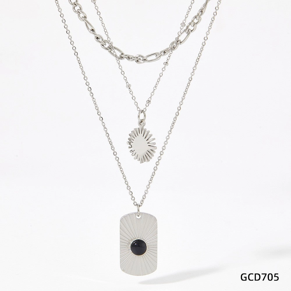 Wholesale Black Onyx Square Plaque Radiant Texture Stainless Steel Gold Plated Necklace