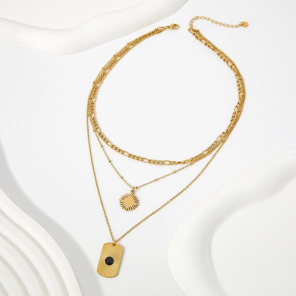 Wholesale Black Onyx Square Plaque Radiant Texture Stainless Steel Gold Plated Necklace