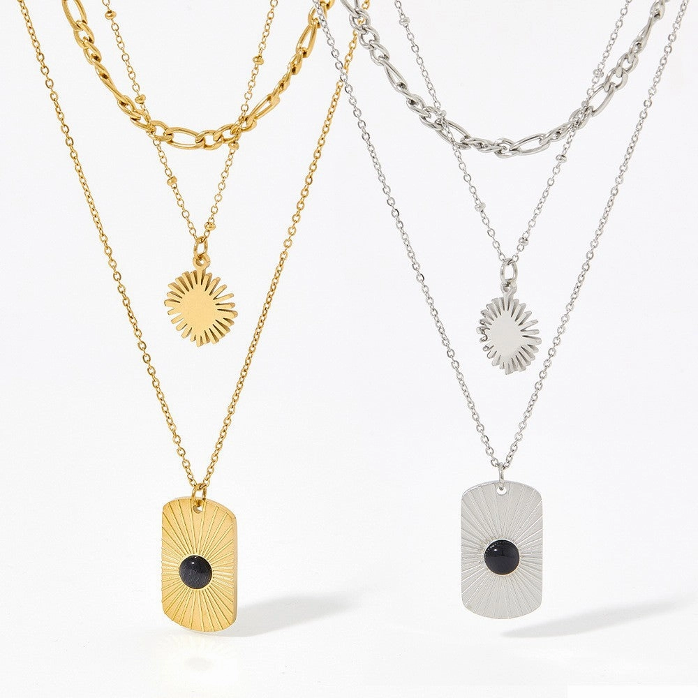 Wholesale Black Onyx Square Plaque Radiant Texture Stainless Steel Gold Plated Necklace
