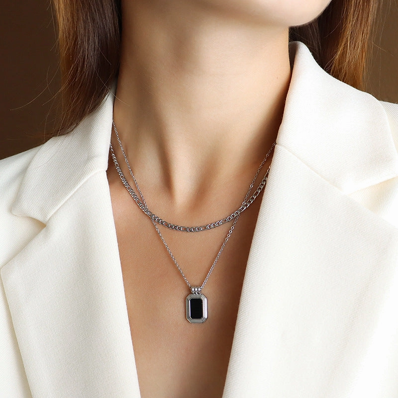Wholesale Black Shell Acrylic Double Layered Titanium Steel Necklaces