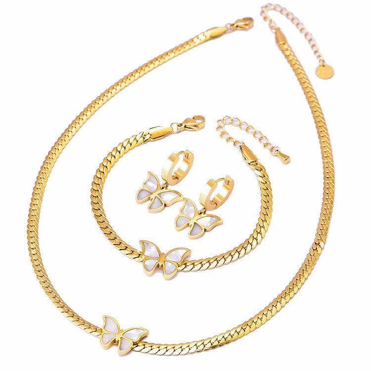 Wholesale Blade Chains, Shell Butterfly Collarbone Chains, Female Titanium Steel Non Fading Bracelets, Earrings, Golden Butterfly Sets