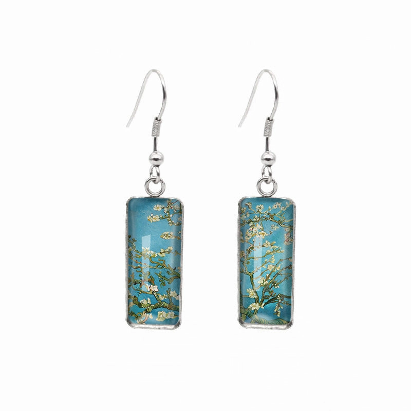 Wholesale Blooming Apricot Blossom Time Gemstone Rectangular Glass Earrings