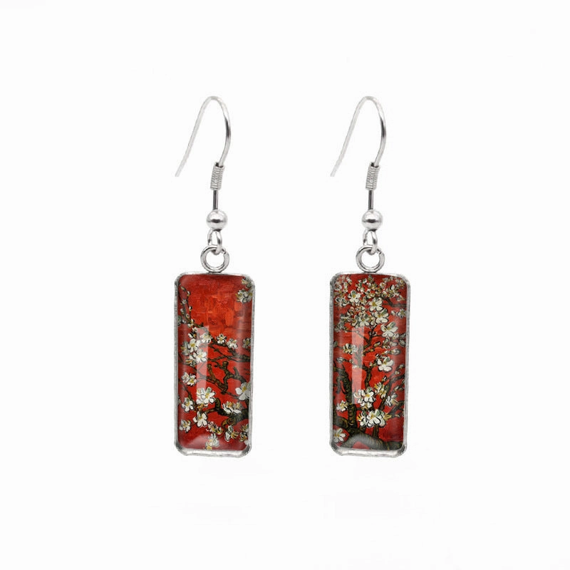 Wholesale Blooming Apricot Blossom Time Gemstone Rectangular Glass Earrings