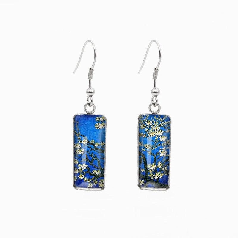 Wholesale Blooming Apricot Blossom Time Gemstone Rectangular Glass Earrings