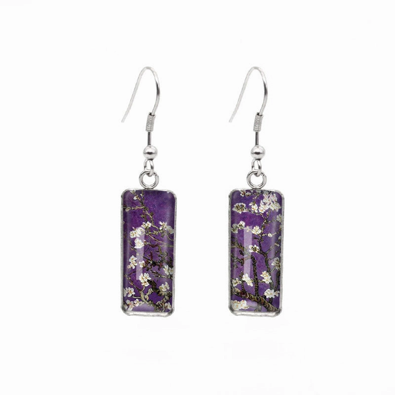 Wholesale Blooming Apricot Blossom Time Gemstone Rectangular Glass Earrings