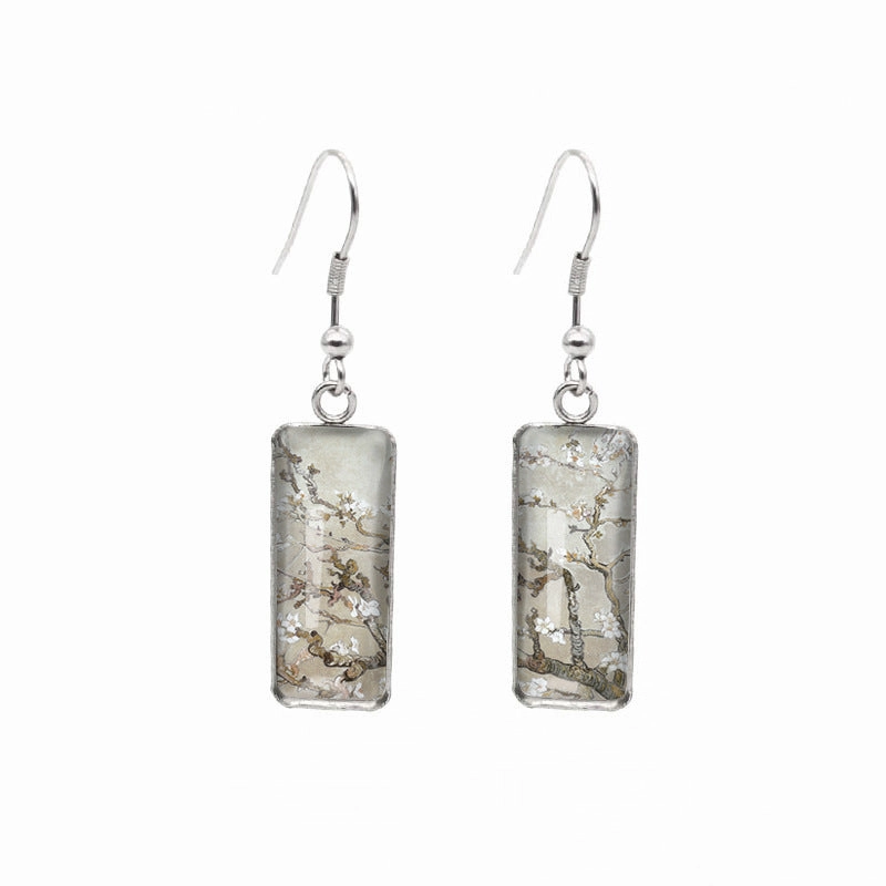 Wholesale Blooming Apricot Blossom Time Gemstone Rectangular Glass Earrings