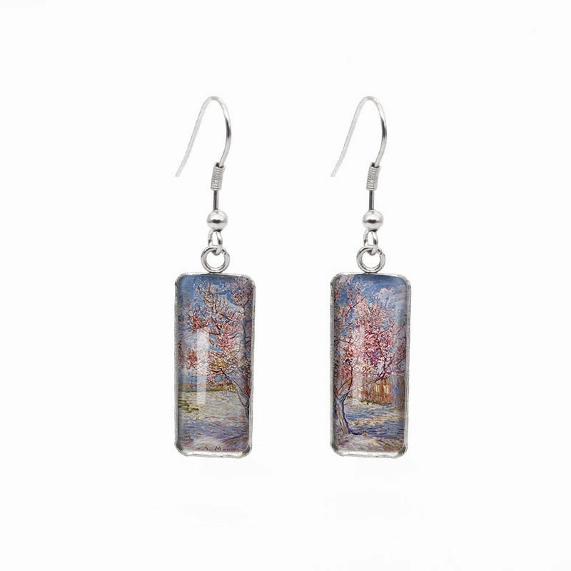 Wholesale Blooming Apricot Blossom Time Gemstone Rectangular Glass Earrings