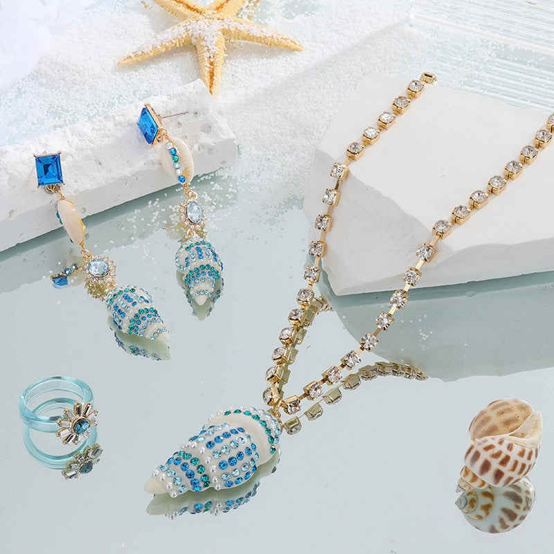 Wholesale Blue Coast Conch Diamond Summer Ocean Set  Alloy Necklace