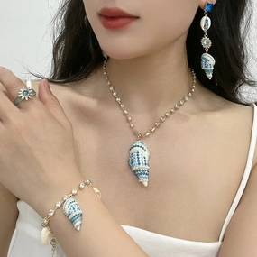 Wholesale Blue Coast Conch Diamond Summer Ocean Set  Alloy Necklace