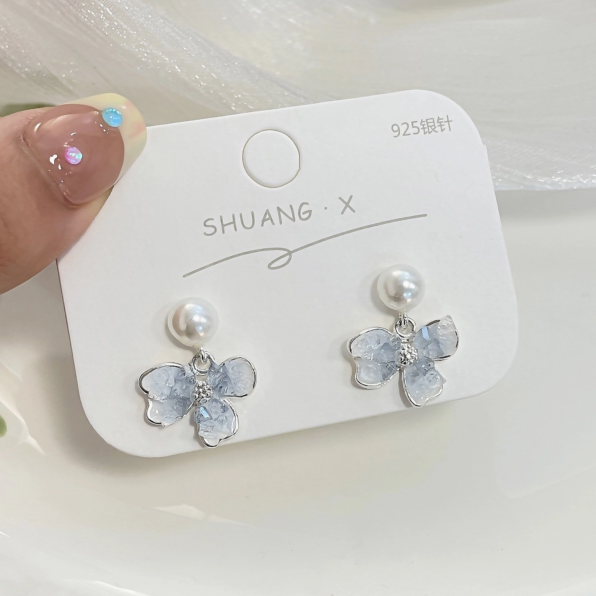 Wholesale Blue Crystal Flower Butterfly Alloy Earrings