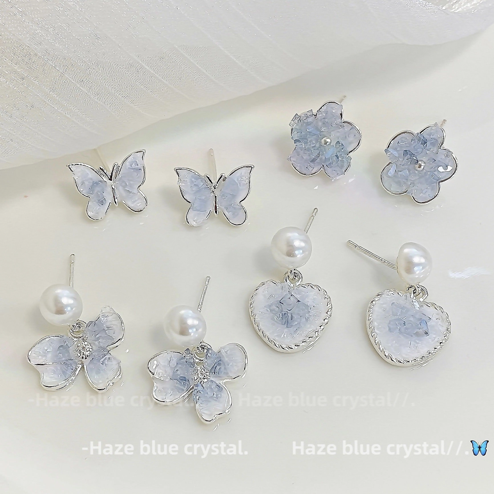 Wholesale Blue Crystal Flower Butterfly Alloy Earrings