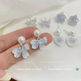 Wholesale Blue Crystal Flower Butterfly Alloy Earrings