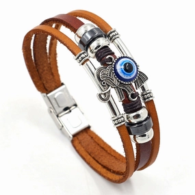 Wholesale blue eyes elephant skin multi-layered beaded braided bracelet stainless steel bracelet