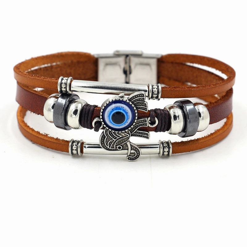 Wholesale blue eyes elephant skin multi-layered beaded braided bracelet stainless steel bracelet