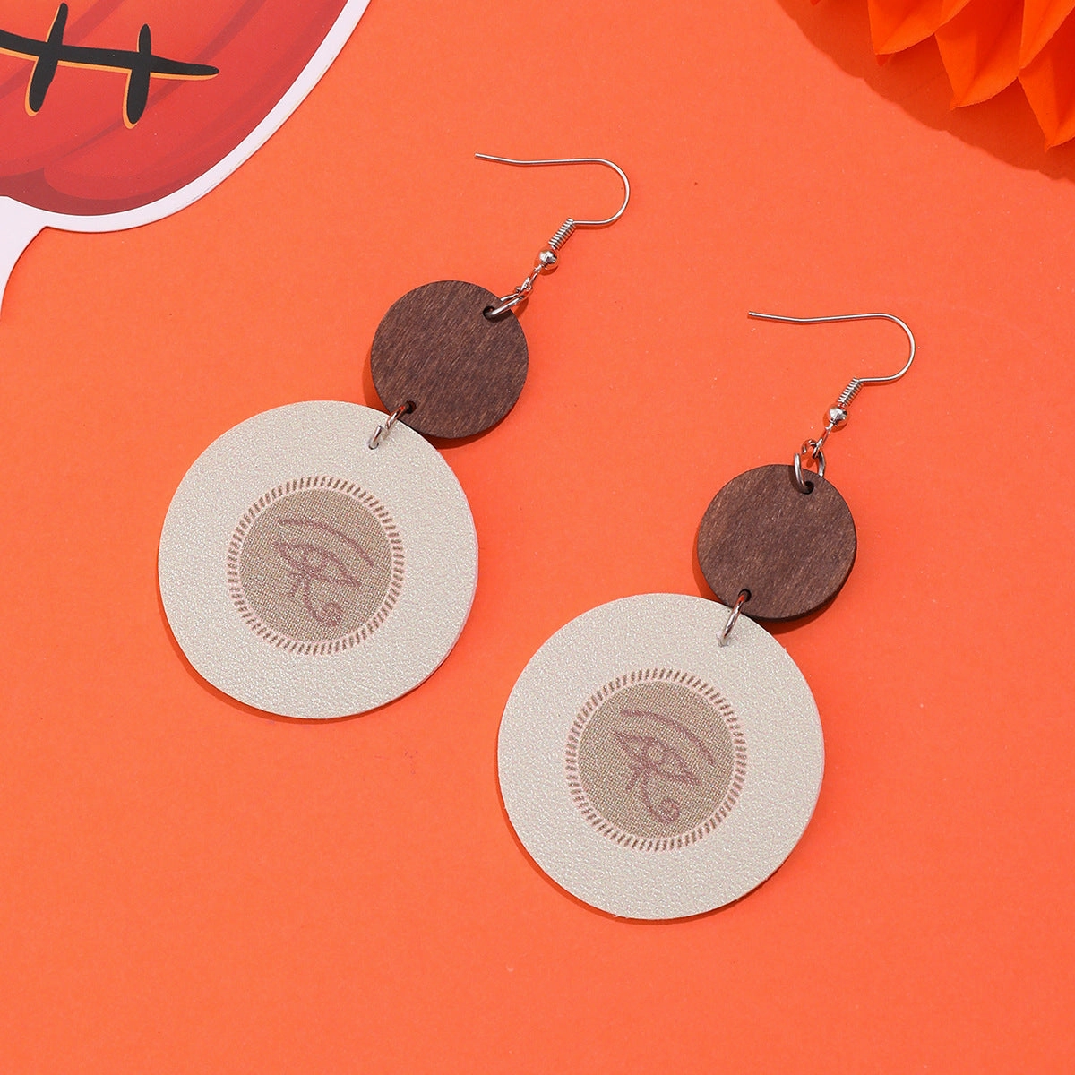 Wholesale Blue Eyes Round Wood Block Leather Earrings