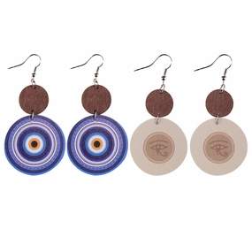Wholesale Blue Eyes Round Wood Block Leather Earrings
