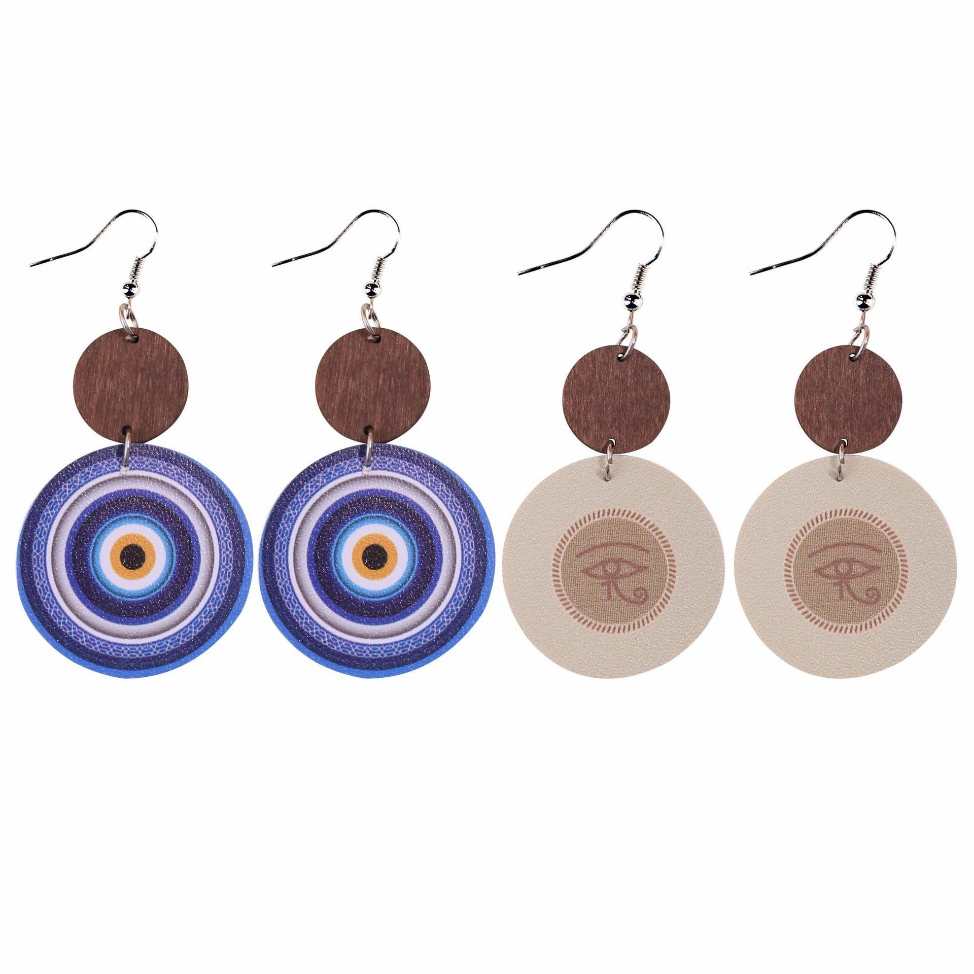 Wholesale Blue Eyes Round Wood Block Leather Earrings