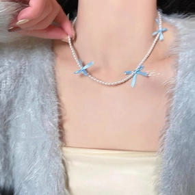 Wholesale Blue Lace Bow Pearl Jewelry Necklace