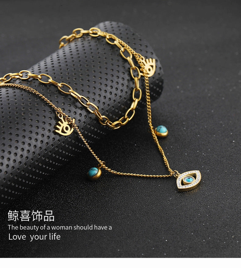 Wholesale Blue Oval Devil Eye Pendant Double Layer Titanium Steel Necklaces
