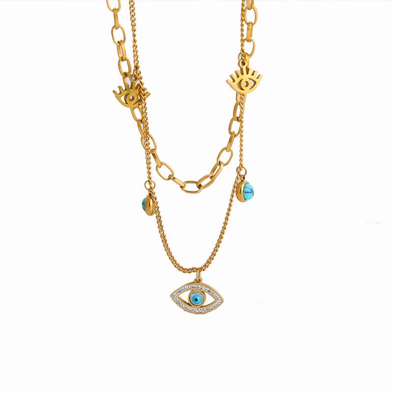 Wholesale Blue Oval Devil Eye Pendant Double Layer Titanium Steel Necklaces