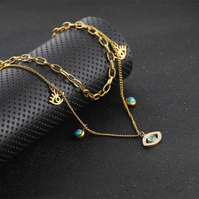 Wholesale Blue Oval Devil Eye Pendant Double Layer Titanium Steel Necklaces