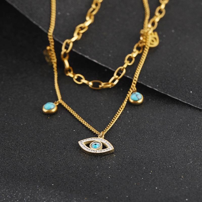 Wholesale Blue Oval Devil Eye Pendant Double Layer Titanium Steel Necklaces