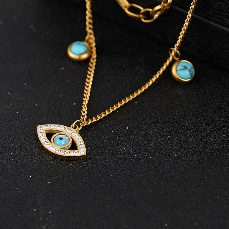 Wholesale Blue Oval Devil Eye Pendant Double Layer Titanium Steel Necklaces