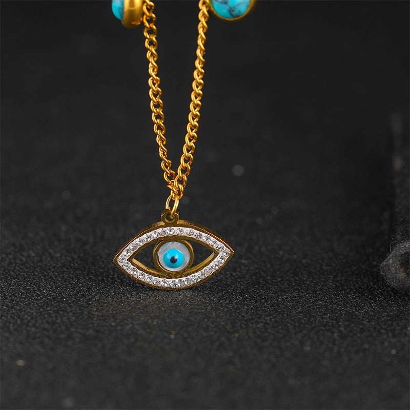 Wholesale Blue Oval Devil Eye Pendant Double Layer Titanium Steel Necklaces