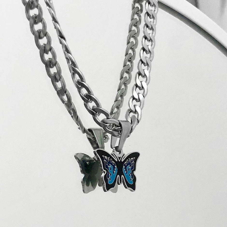 Wholesale Blue Titanium Steel Butterfly Necklaces