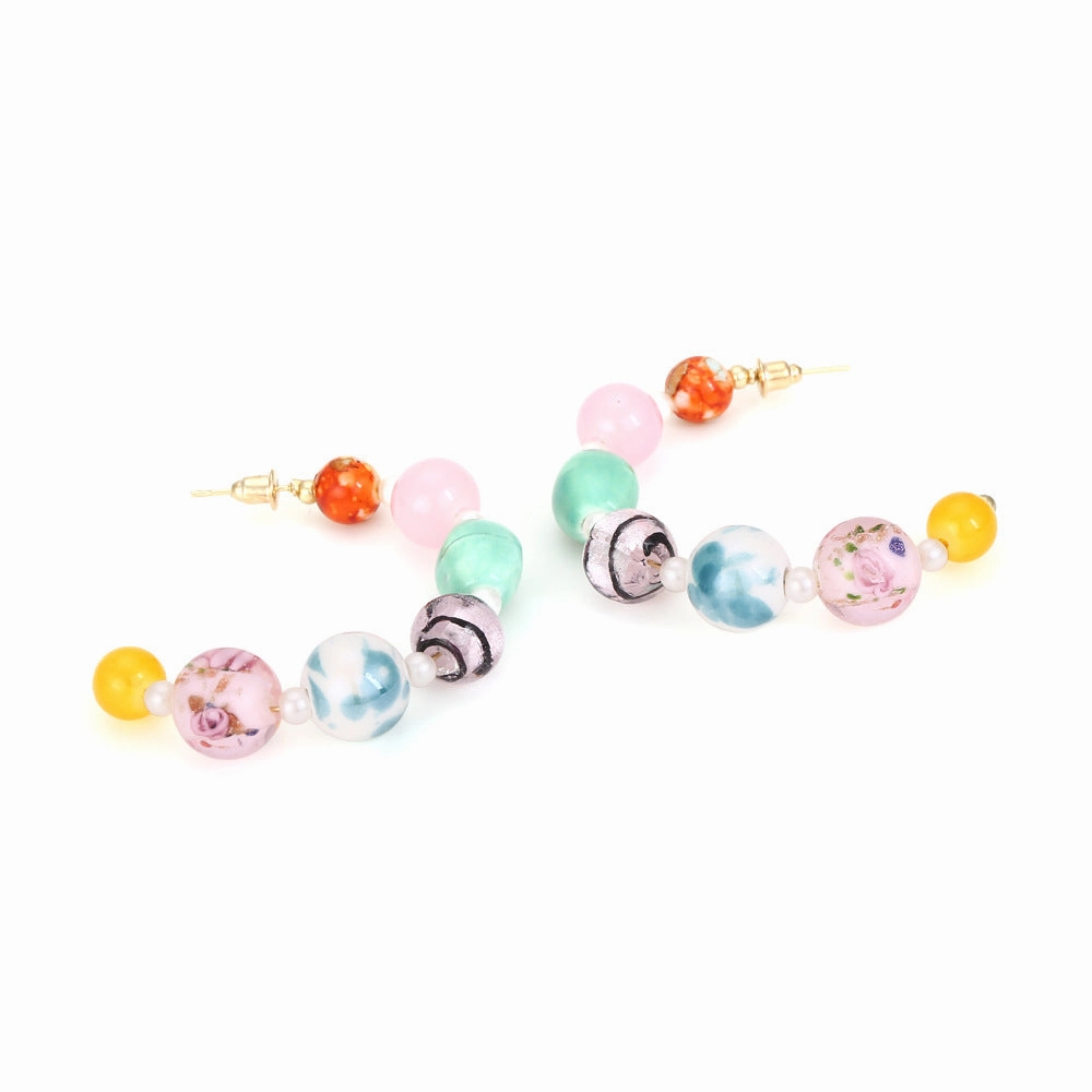 Wholesale Bohemian Beaded C-shaped Candy Colored Glass Earrings