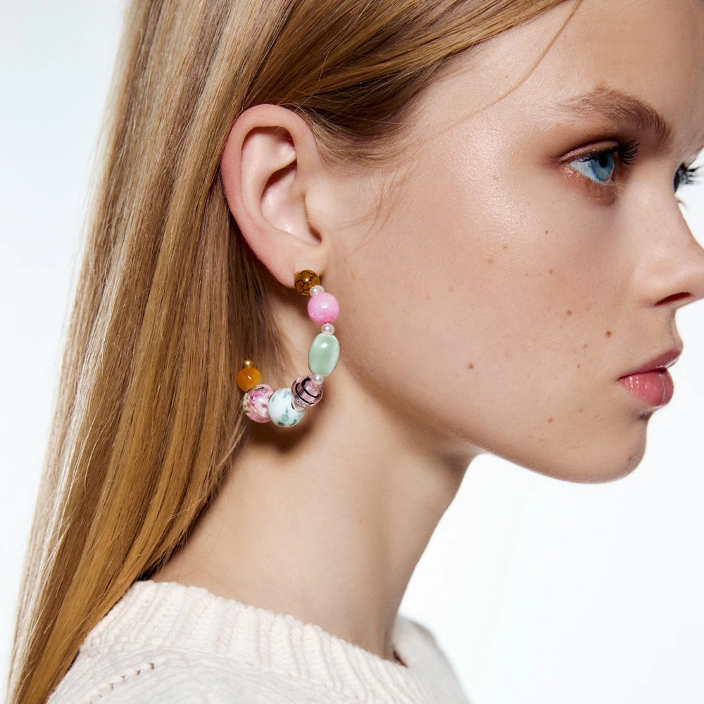 Wholesale Bohemian Beaded C-shaped Candy Colored Glass Earrings