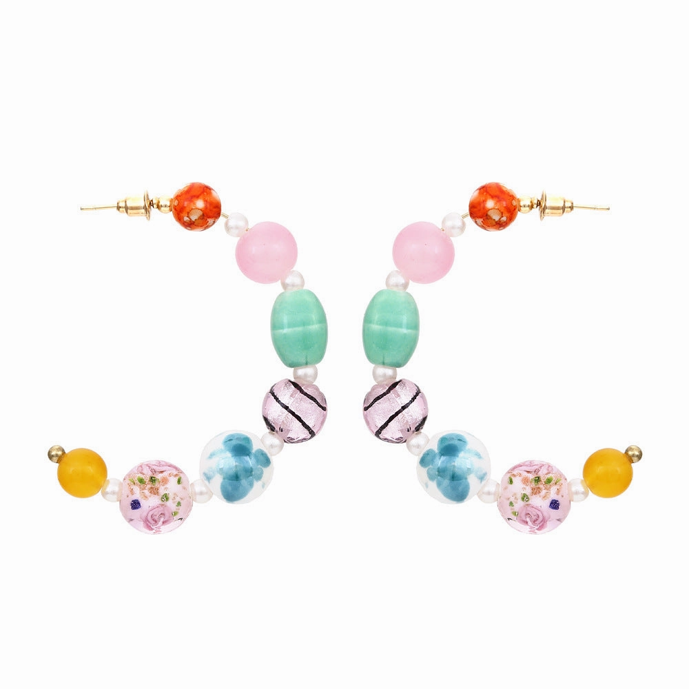 Wholesale Bohemian Beaded C-shaped Candy Colored Glass Earrings