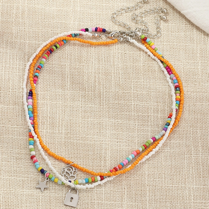 Wholesale Bohemian Colorful Rice Bead Necklace Alloy