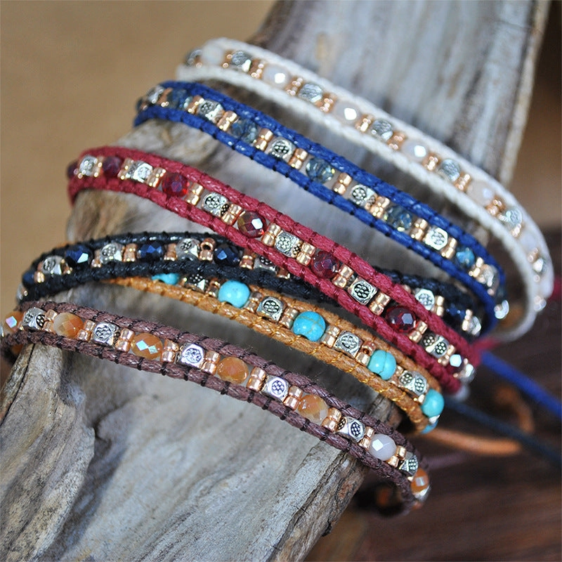 Wholesale Bohemian Colorful Rice Beads Double Strand Woven Rope Stretch Bracelet