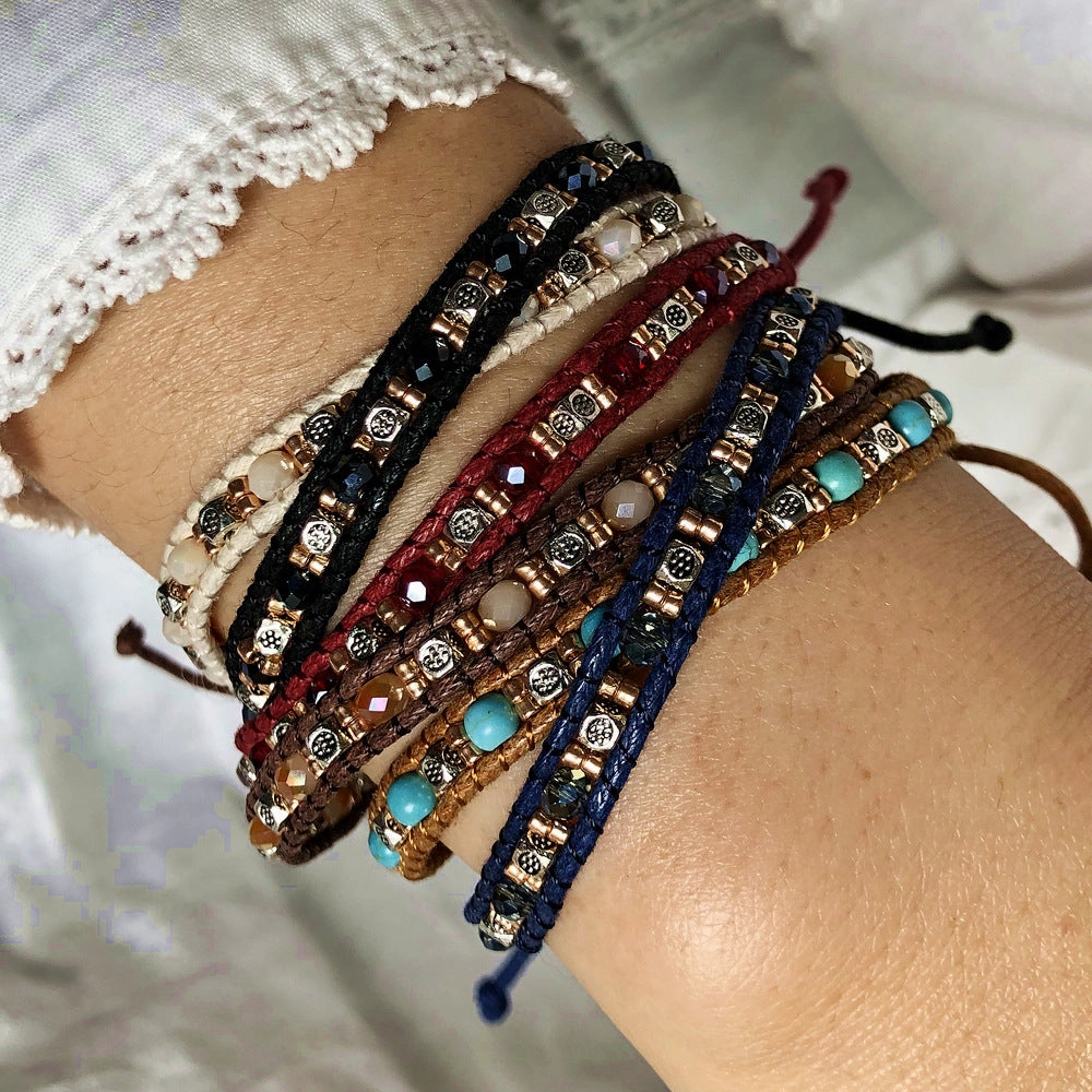 Wholesale Bohemian Colorful Rice Beads Double Strand Woven Rope Stretch Bracelet