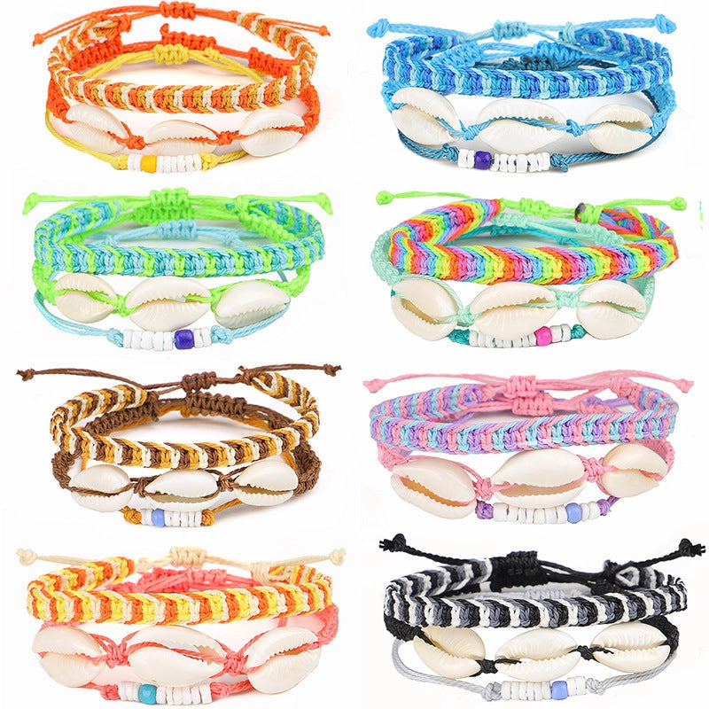 Wholesale Bohemian Colorful Wax Thread Seashell Bracelet Set